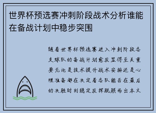 世界杯预选赛冲刺阶段战术分析谁能在备战计划中稳步突围