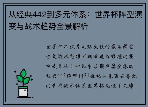 从经典442到多元体系：世界杯阵型演变与战术趋势全景解析