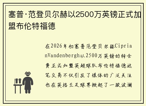 塞普·范登贝尔赫以2500万英镑正式加盟布伦特福德